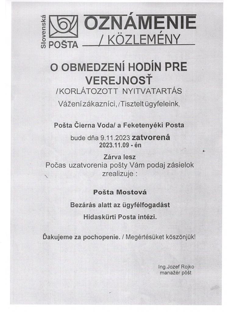 Oznámenie - Közlemény