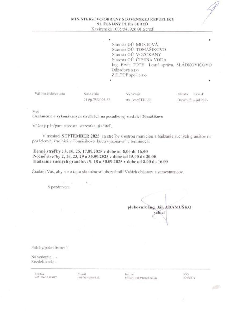 Oznámenie o vykonaných streľbách