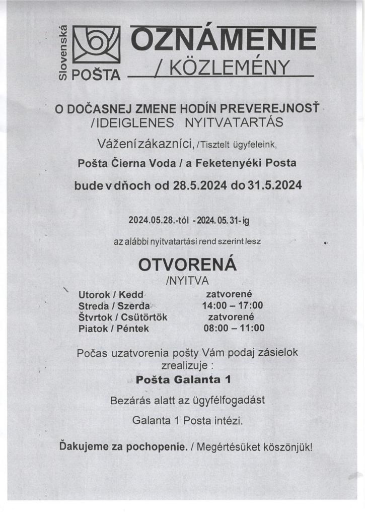 Oznámenie o obmedzení hodín pre verejnosť  Közlemény a korlátozott nyitvatartásról