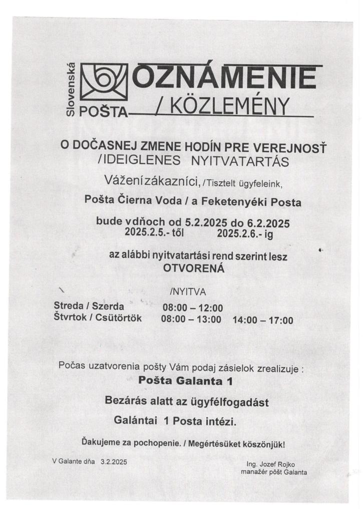 Oznámenie - Közlemény